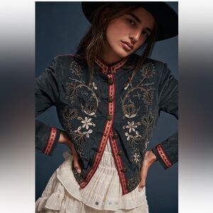 Free People Abby Band Jacket – Phantom Black Embroidered Military Moto Boho XS/S